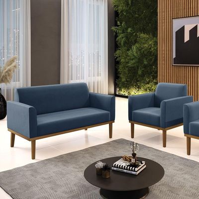 Sofá Namoradeira Com Poltrona Base De Madeira Fixa Castanho Marisa Suede D03 - D?rossi Cor Azul Marinho