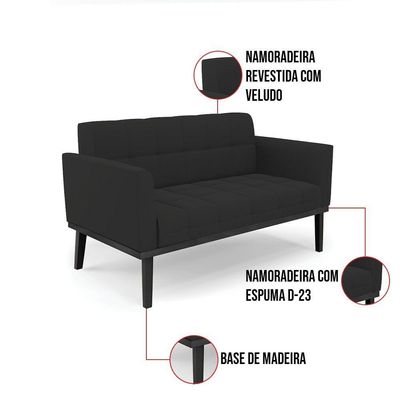 Sofá Namoradeira E 2 Poltronas Base De Madeira Preto Elisa Veludo Preto D03 - D'rossi