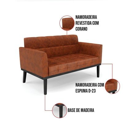 Sofá Namoradeira E 2 Poltronas Base De Madeira Preto Elisa Corano D03 - D'rossi Cor Nozes