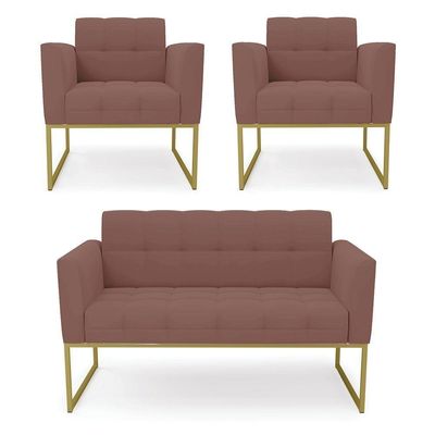 Kit 1 Sofá Namoradeira E 2 Poltronas Elisa Veludo Base Metálica Industrial Dourado - D'rossi Cor Rose