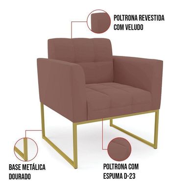 Kit 1 Sofá Namoradeira E 2 Poltronas Elisa Veludo Base Metálica Industrial Dourado - D'rossi Cor Rose