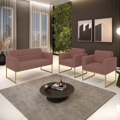 Kit 1 Sofá Namoradeira E 2 Poltronas Elisa Veludo Base Metálica Industrial Dourado - D'rossi Cor Rose