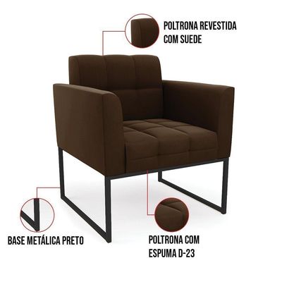 Kit 1 Sofá Namoradeira E 1 Poltrona Elisa Suede Base Metálica Industrial Preto - D'rossi Cor Marrom