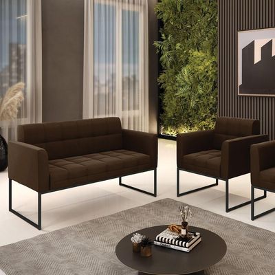 Kit 1 Sofá Namoradeira E 1 Poltrona Elisa Suede Base Metálica Industrial Preto - D'rossi Cor Marrom