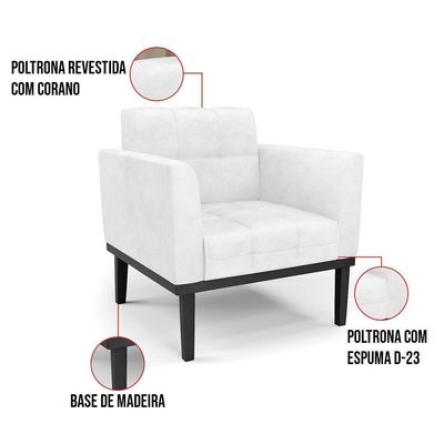 Sofá Namoradeira E 2 Poltronas Base De Madeira Preto Elisa Corano D03 - D'rossi Cor Branco