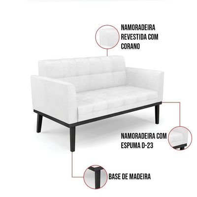 Sofá Namoradeira E 2 Poltronas Base De Madeira Preto Elisa Corano D03 - D'rossi Cor Branco