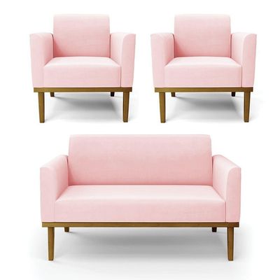Sofá Namoradeira Com 2 Poltronas Base De Madeira Fixa Castanho Marisa Suede D03 - D?rossi Cor Rosa Bebê
