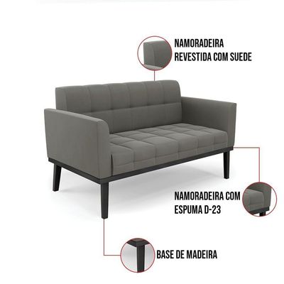 Sofá Namoradeira 2 Lugares Base De Madeira Preto Elisa Suede Grafite D03 - D'rossi