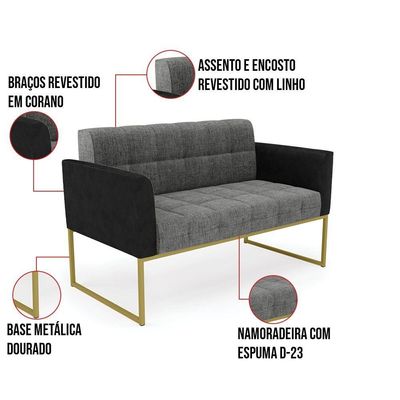 Sofá Namoradeira 2 Lugares Base Industrial Dourado Elisa Preto-linho Grafite A26 D03 - D'rossi