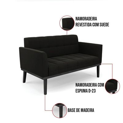 Sofá Namoradeira E 2 Poltronas Base De Madeira Preto Elisa Suede D03 - D'rossi Cor Preto