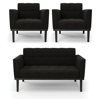 Sofá Namoradeira E 2 Poltronas Base De Madeira Preto Elisa Suede D03 - D'rossi Cor Preto