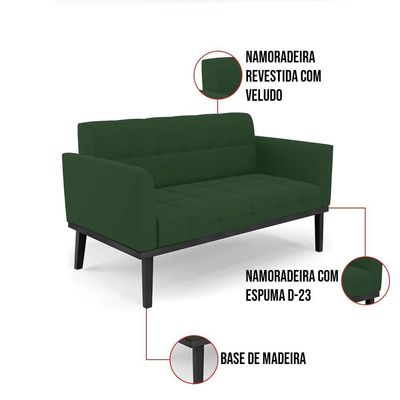 Sofá Namoradeira E 2 Poltronas Base De Madeira Preto Elisa Veludo D03 - D'rossi Cor Verde
