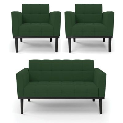 Sofá Namoradeira E 2 Poltronas Base De Madeira Preto Elisa Veludo D03 - D'rossi Cor Verde