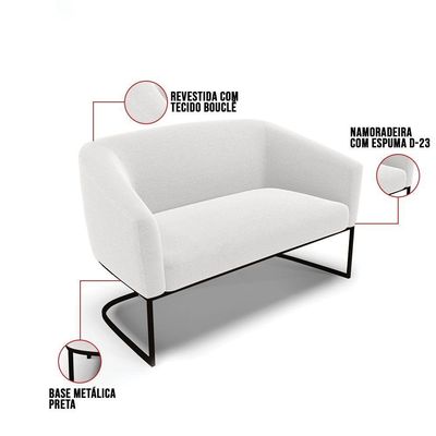 Sofá Namoradeira E 2 Poltronas Base Industrial Preto Stella Bouclê D03 - D'rossi Cor Off White