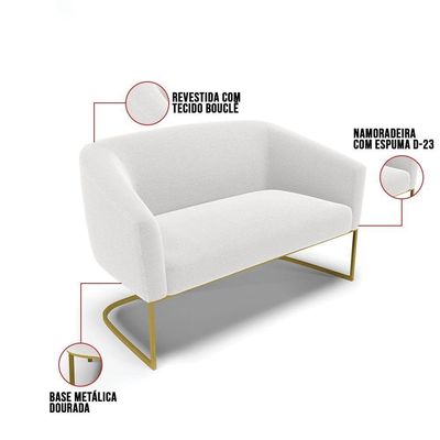 Sofá Namoradeira 2 Lugares Base Industrial Dourado Stella Bouclê D03 - D'rossi Cor Off White
