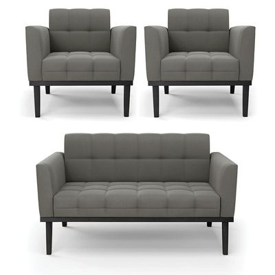 Sofá Namoradeira E 2 Poltronas Base De Madeira Preto Elisa Suede Grafite D03 - D'rossi