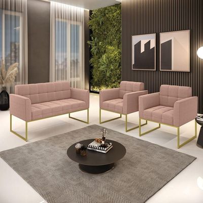 Namoradeira E 2 Poltronas Industrial Dourado Elisa Bouclê D03 - D?rossi Cor Rose