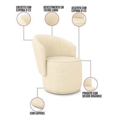 Poltrona Decorativa Orgânica Fixa Para Sala Malu Linho Bege D'Rossi