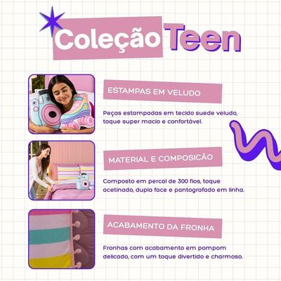 Kit Edredom King Menina Teen Rosa Com Almofadas Estampadas 07 Peças - Dupla Face Percal 300 Fios Cor Patins