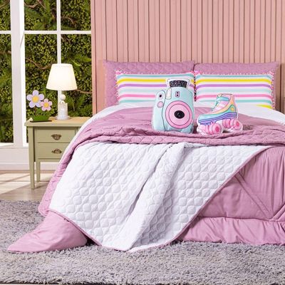 Kit Edredom King Menina Teen Rosa Com Almofadas Estampadas 07 Peças - Dupla Face Percal 300 Fios Cor Patins