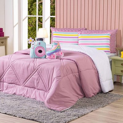 Kit Edredom King Menina Teen Rosa Com Almofadas Estampadas 07 Peças - Dupla Face Percal 300 Fios Cor Patins