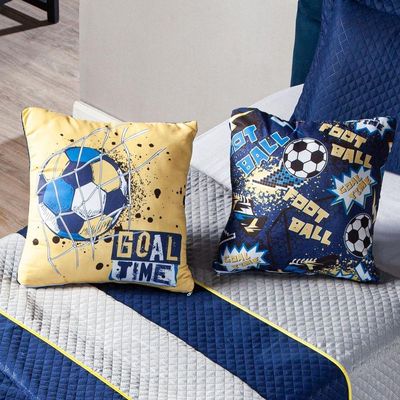 Kit Cobre Leito Colcha Solteiro Futebol Goal Azul Marinho/cinza Dupla Face Com Almofadas Estampadas 04 Peças