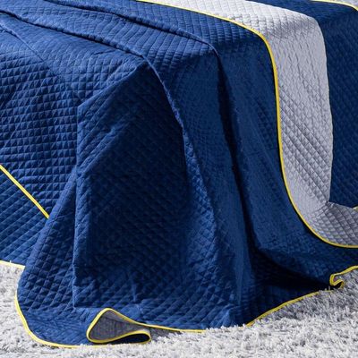 Kit Cobre Leito Colcha Solteiro Futebol Goal Azul Marinho/cinza Dupla Face Com Almofadas Estampadas 04 Peças