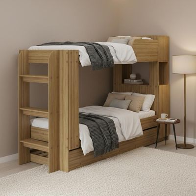 Treliche Com Cama Auxiliar Adulto Baú Superior Escadas Armário 1 Porta Prateleiras Internas Amêndoa