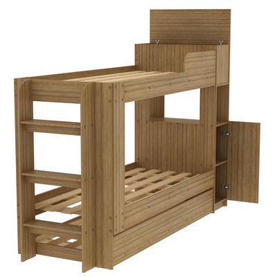Treliche Com Cama Auxiliar Adulto Baú Superior Escadas Armário 1 Porta Prateleiras Internas Amêndoa