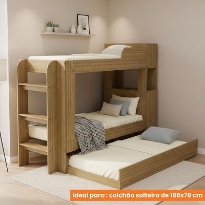 Treliche Com Cama Auxiliar Adulto Baú Superior Escadas Armário 1 Porta Prateleiras Internas Amêndoa