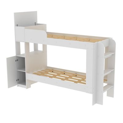 Cama Beliche Adulto Baú Superior Com Escadas Armário De 1 Porta E Prateleiras Internas Branco