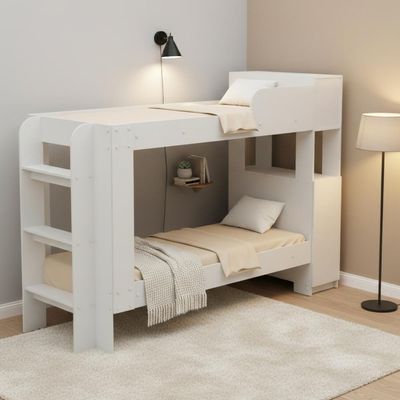 Cama Beliche Adulto Baú Superior Com Escadas Armário De 1 Porta E Prateleiras Internas Branco