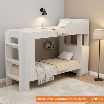 Cama Beliche Adulto Baú Superior Com Escadas Armário De 1 Porta E Prateleiras Internas Branco