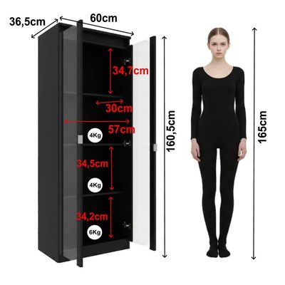 Cristaleira Vertical 2 Portas de Vidro 3 Prateleiras 160,5cmx60cm CR6004 Preto