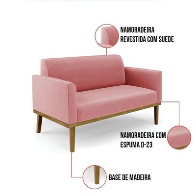 Sofá Namoradeira Base De Madeira Fixa Castanho Marisa Suede D03 - D?rossi Cor Rose