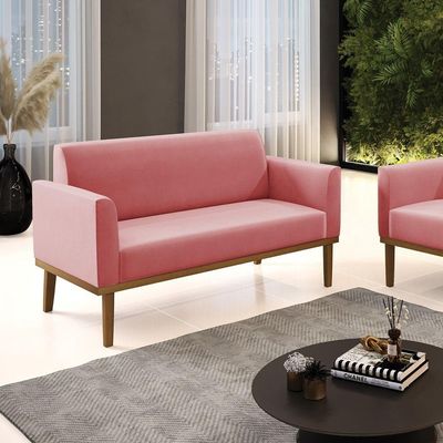 Sofá Namoradeira Base De Madeira Fixa Castanho Marisa Suede D03 - D?rossi Cor Rose
