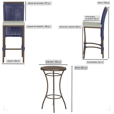 Mesa Bistrô 4 Banquetas Roma Marrom Corda Náutica 3 Trama Azul