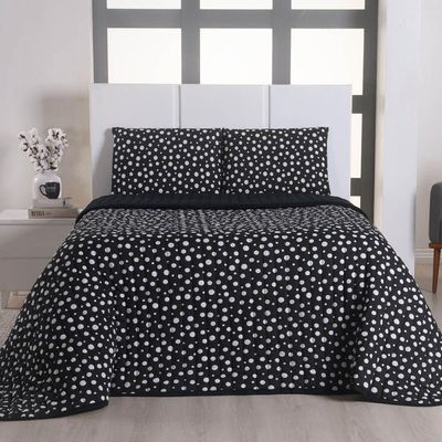Kit Cobre Leito Colcha Polly King 3 Peças Malha 100% Algodão Estampa Bolinhas - Preto
