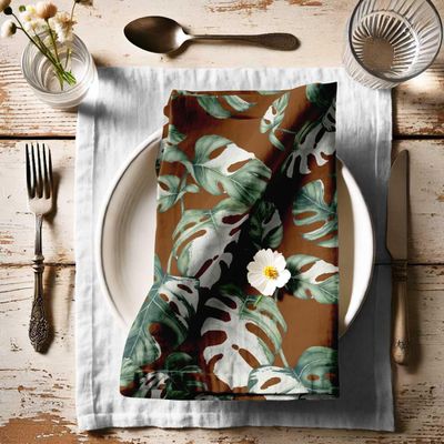 Jogo com 12 Guardanapos Designer Algodão-Canvas 51cm, Estampa Folhas Tropicais Marrom, Duráveis/Absorventes, Lavável à Máquina - Vargottam 50,8 Cm × 50,8 Cm – Pacote Com 12 Peças / Marrom
