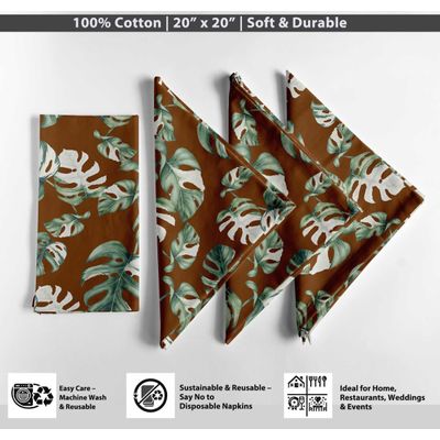 Jogo com 12 Guardanapos Designer Algodão-Canvas 51cm, Estampa Folhas Tropicais Marrom, Duráveis/Absorventes, Lavável à Máquina - Vargottam 50,8 Cm × 50,8 Cm – Pacote Com 12 Peças / Marrom