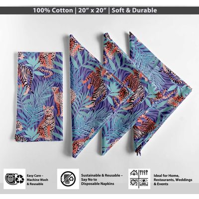 Guardanapos de Algodão Tropical Wild Cat, Conjunto de 12, 51x51 cm, Roxo, Duráveis e Absorventes, Lavável na Máquina - Vargottam 50,8 Cm × 50,8 Cm – Pacote Com 12 Peças / Roxo