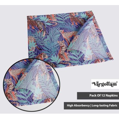 Guardanapos de Algodão Tropical Wild Cat, Conjunto de 12, 51x51 cm, Roxo, Duráveis e Absorventes, Lavável na Máquina - Vargottam 50,8 Cm × 50,8 Cm – Pacote Com 12 Peças / Roxo
