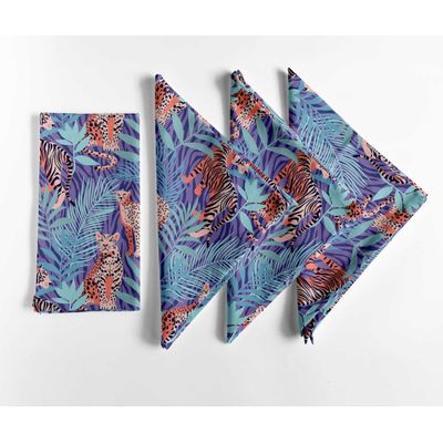 Guardanapos de Algodão Tropical Wild Cat, Conjunto de 12, 51x51 cm, Roxo, Duráveis e Absorventes, Lavável na Máquina - Vargottam 50,8 Cm × 50,8 Cm – Pacote Com 12 Peças / Roxo