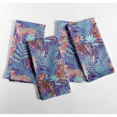Guardanapos de Algodão Tropical Wild Cat, Conjunto de 12, 51x51 cm, Roxo, Duráveis e Absorventes, Lavável na Máquina - Vargottam 50,8 Cm × 50,8 Cm – Pacote Com 12 Peças / Roxo