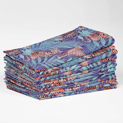 Guardanapos de Algodão Tropical Wild Cat, Conjunto de 12, 51x51 cm, Roxo, Duráveis e Absorventes, Lavável na Máquina - Vargottam 50,8 Cm × 50,8 Cm – Pacote Com 12 Peças / Roxo