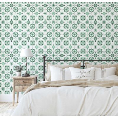 Adesivo de Parede Removível Estilo Vintage Impermeável, Mosaico Floral para Backsplash/Cozinha, Rolo Vinílico Autoadesivo - Verde - S4sassy 63,5 cm (L) × 914,4 cm (C) / Verde - Vinil Texturizado