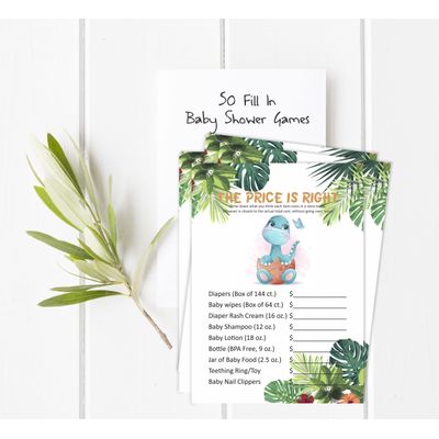 Jogo de Chá de Bebê "The Price Is Right", Dinossauro, 50 Unidades - Inkdotpot 12,7 Cm × 17,78 Cm / Branco