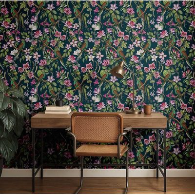 Papel de Parede Adesivo Vinílico com Pássaros Exóticos, Impermeável, Removível para Quartos e Armários - S4Sassy 63,5 cm (L) × 152,4 cm (C) / Verde - Vinil Texturizado
