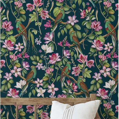 Papel de Parede Adesivo Vinílico com Pássaros Exóticos, Impermeável, Removível para Quartos e Armários - S4Sassy 63,5 cm (L) × 152,4 cm (C) / Verde - Vinil Texturizado