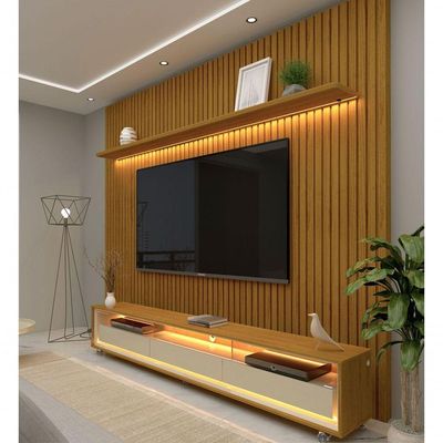 Rack Com Painel Ripado Com Led E Rodízio Nobre Com Off White - Gelius Móveis
